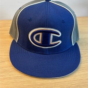 Champion Fitted Baseball Cap Blue Grey Embroidered Logo Size 7 3/8 Hat